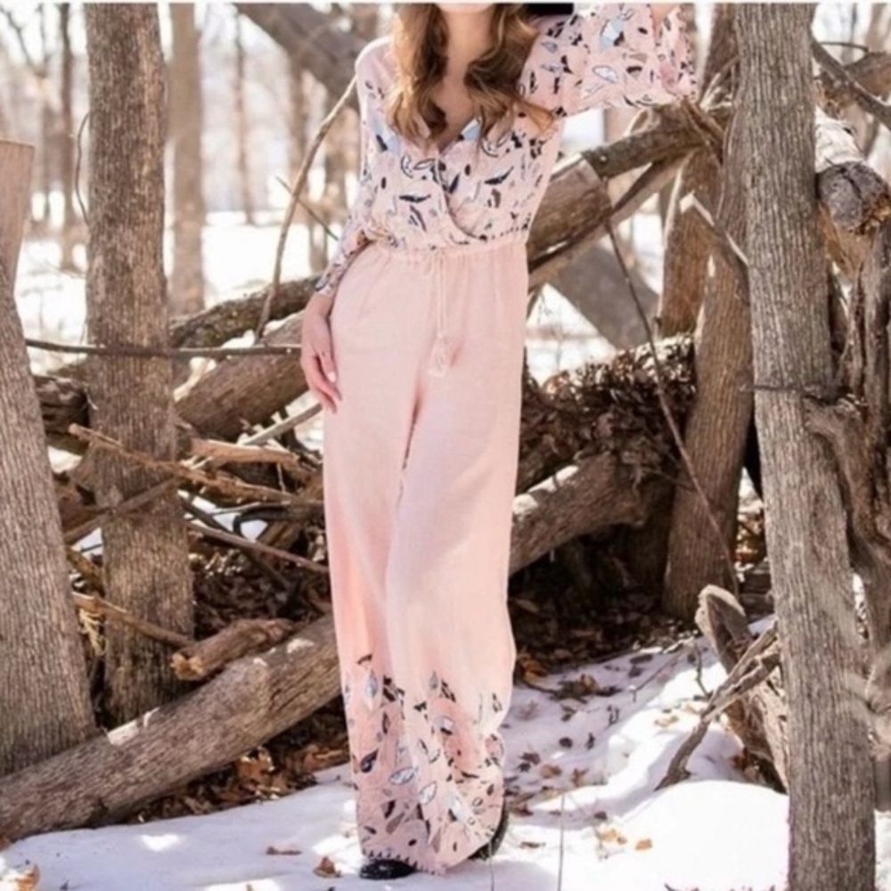 Anthropologie Jaase Floral Dandelion Wide Leg Jumpsuit Peach Blue Size XL Women - Picture 3 of 13